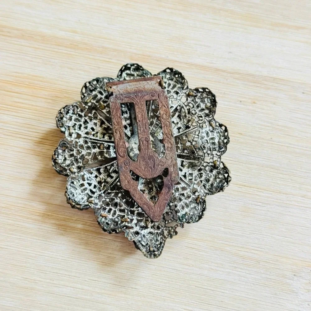 Fur Dress Clip Pin Red Rhinestone Art Deco Antique Filigree Goth Filigree VTG